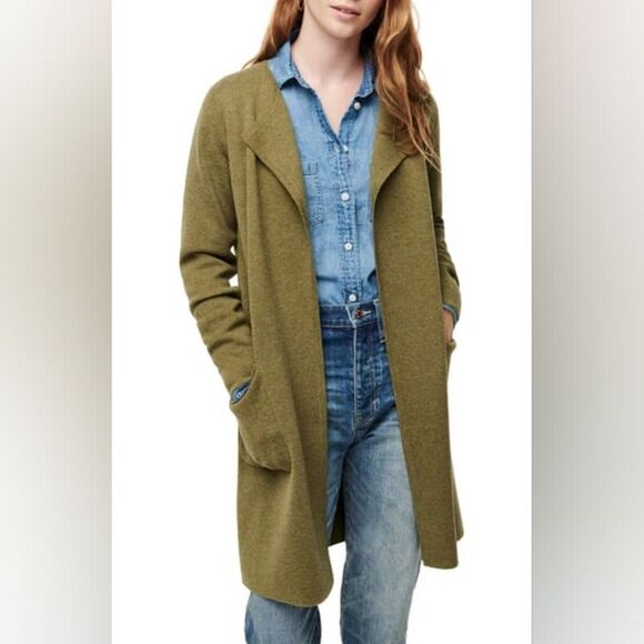 Jcrew linen blend khaki green collarless sweater-blazer size M oversized - Picture 1 of 10